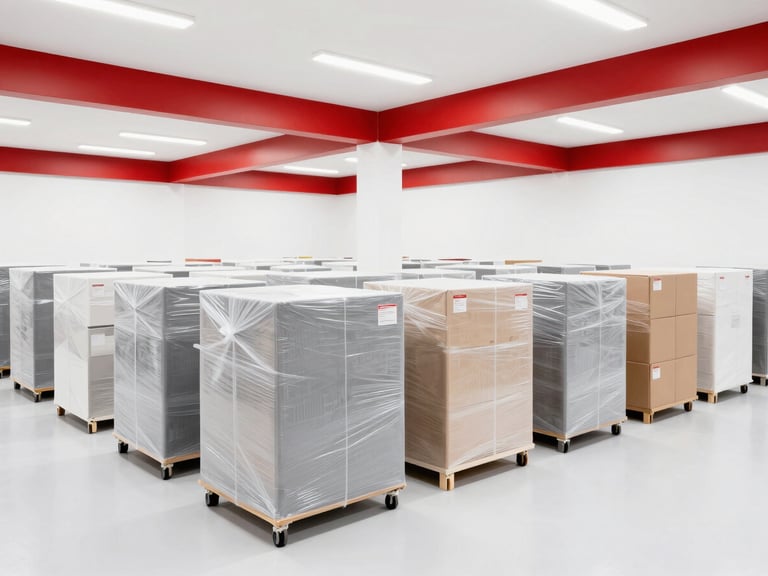 Clean, modern, secure storage facility with rows of neatly stacked, wrapped furniture and boxes under bright, even lighting, wide-angle lens, professional commercial photography style, red and white branding visible