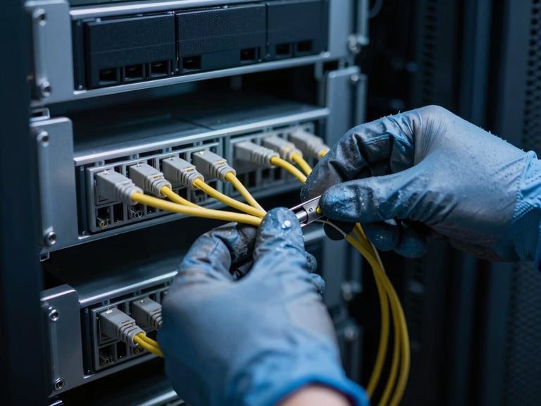 Close-up of a field engineer wearing gloves, meticulously connecting fiber optic cables in a server rack, cool data center lighting, sharp focus on hands and cables, 35mm