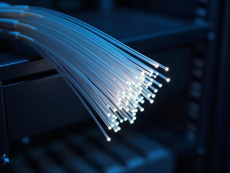 Macro shot of illuminated fiber optic cables bundled neatly in a data center, deep blue and slate tones, cool ambient lighting, sharp focus on the cable ends, 35mm