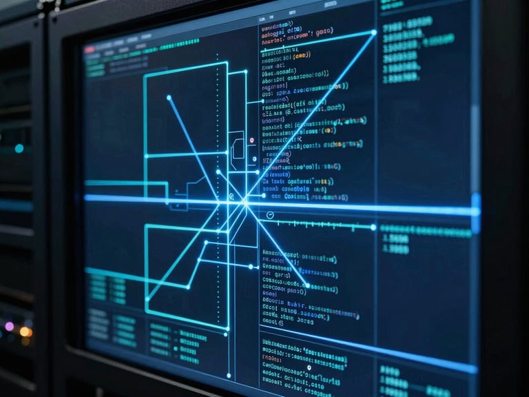 Diagnostic screen showing a complex network topology map with glowing blue lines, low-key data center lighting, sharp focus on the screen, monospaced telemetry data, 35mm