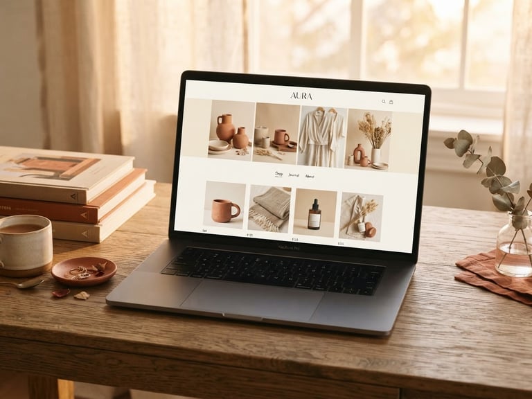 An elegant desktop setup showing a clean e-commerce interface on a screen, warm natural light, terracotta and cream tones, editorial composition, 35mm