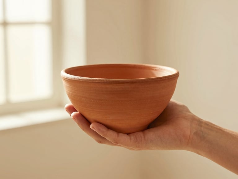 Close-up of hands holding a textured terracotta ceramic bowl, warm editorial lighting, shallow depth of field, cream background