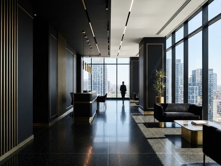 Wide shot of a modern, pristine interior with freshly installed Gyproc walls, bathed in natural light from large windows, architectural photography style, sharp focus, high-contrast black and gold tones, editorial.