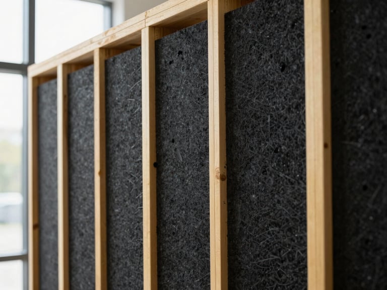Close-up of high-density insulation material neatly fitted between wooden studs, clean lines, editorial architectural lighting