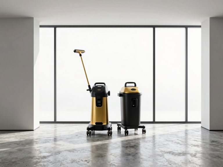 Pristine modern minimalist interior with polished concrete floor reflecting bright window light, professional cleaning equipment placed on a clean surface