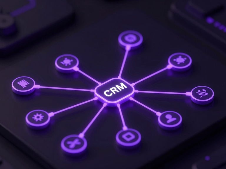 Abstract 3D nodes connecting CRM interface elements on a dark screen, glowing purple data flow lines, isometric diagram, shallow depth of field, moody tech photography.