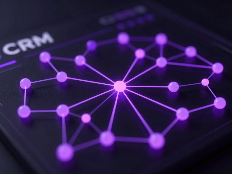 Abstract 3D nodes forming a CRM dashboard, glowing purple lines connecting data points, dark background, shallow depth of field