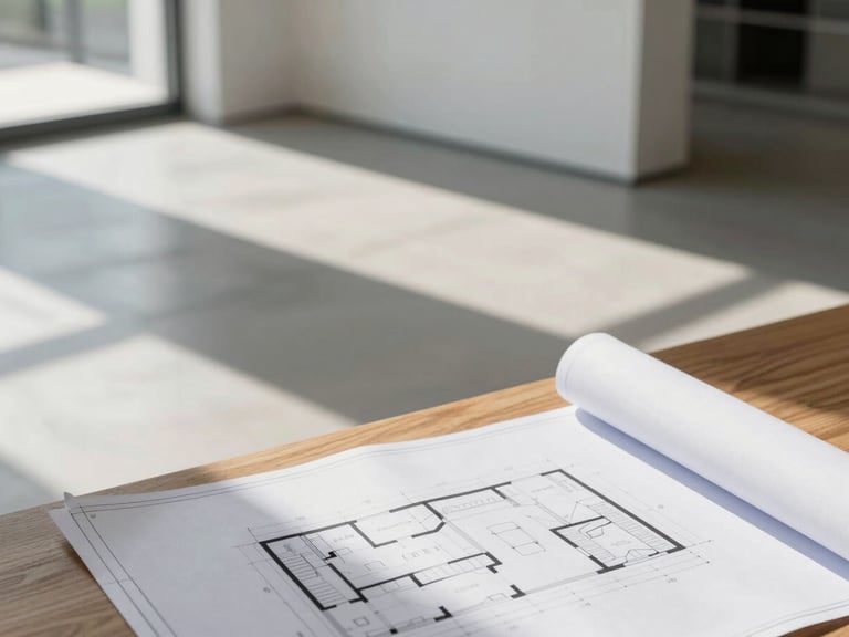 Wide architectural shot of a bright modern room, sunlight casting sharp geometric shadows on a concrete floor, a clean blueprint partially unrolled on a wooden table in the foreground.
