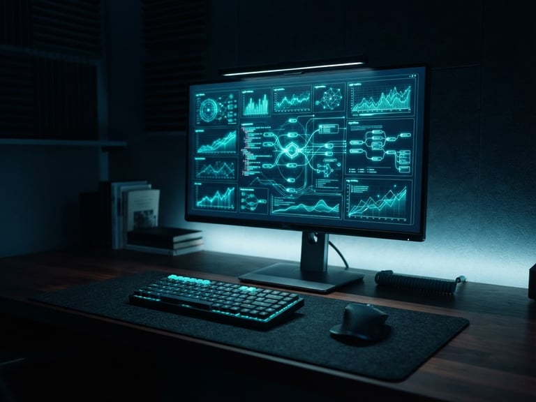 Sleek tech photography of a minimalist workspace with cool low-key lighting, a glowing screen showing abstract logic metrics, deep navy and neon teal tones, sharp focus, 35mm.