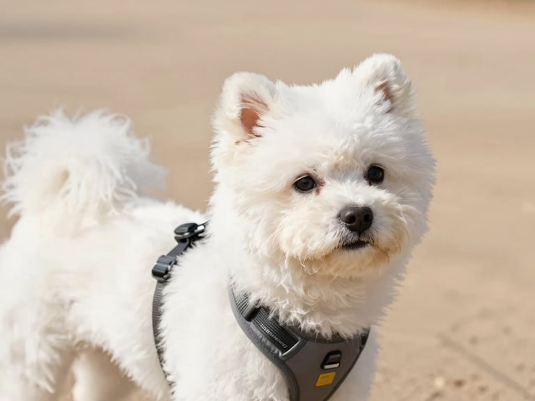 Close-up of a pure white Japanese Spitz wearing an EverHarness Pro™ harness, soft-touch hardware visible, bright natural light, warm beige and white tones.