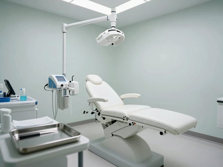 Wide shot of a clean clinical dermatology treatment room, equipment visible on a stainless tray in the foreground left, white examination chair centered, cool-white overhead lighting, uncluttered surfaces, no people present