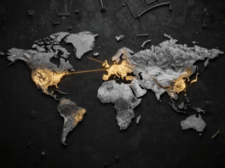 High-contrast minimalist world map showing glowing gold trade corridors connecting Dhaka to Europe, North America, and East Asia, dark charcoal background.