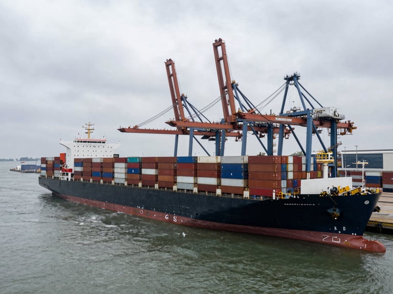 Wide-angle aerial shot of a massive container vessel docking at a modern deep-water port, overcast sky, industrial steel tones.
