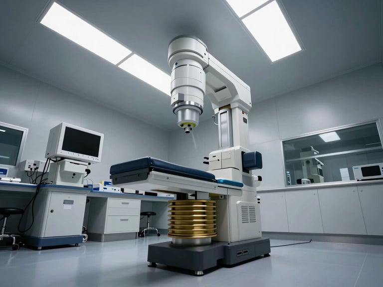Low-angle interior shot of a pristine, high-tech medical laboratory with advanced diagnostic imaging arrays under cool, clinical lighting.