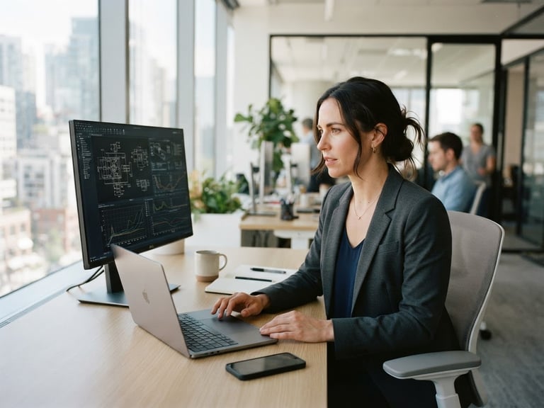 Close-up of a professional in a bright modern office reviewing technical documentation on a screen, clean corporate tones, natural light, 35mm