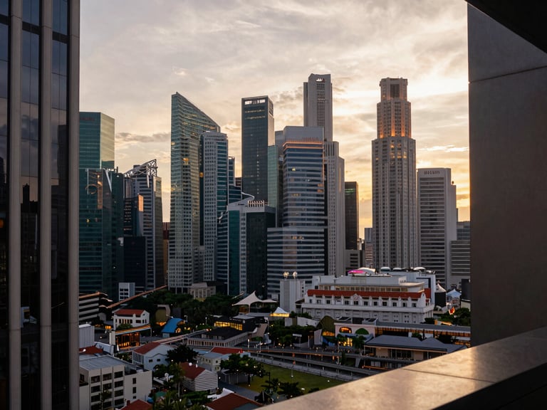 Sweeping modern cityscape of Singapore financial district from a high-end rooftop, warm sunset lighting, architectural framing.