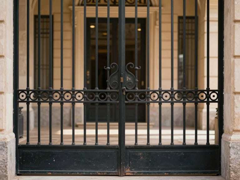 Classic wrought-iron gate of a prestigious Madrid estate, shallow depth of field, soft golden light.
