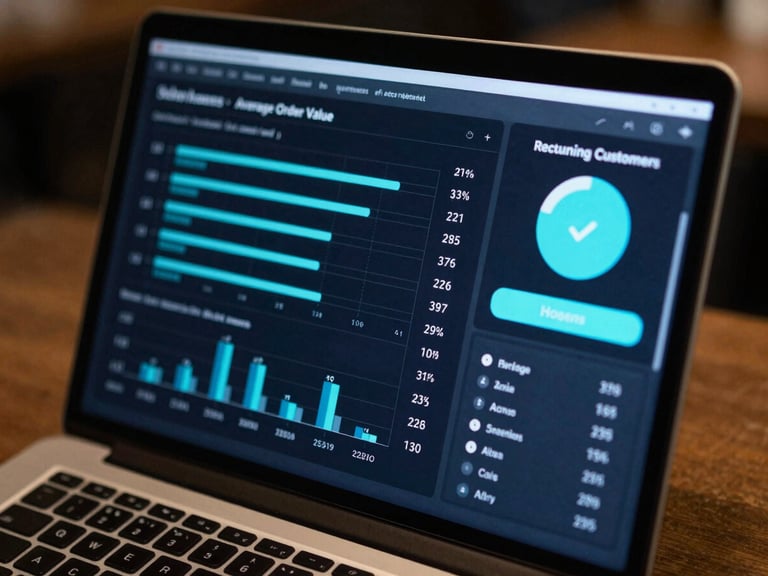 Close-up of a dark-themed restaurant analytics dashboard on a laptop screen — table occupancy rate chart, average order value metric, returning customers counter, all in electric cyan and blue on near-black background, screen glow on a wooden table surface