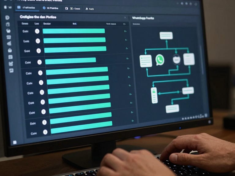 Close-up of a SaaS dashboard interface on a dark monitor — CRM pipeline columns, lead scoring bars, WhatsApp automation flow diagram visible, screen glow illuminating hands on a keyboard, operator mid-task, high-contrast UI, electric-cyan accent highlights on data cards, no faces visible