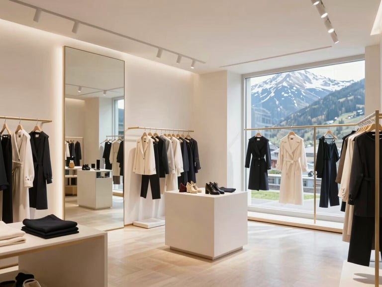 Modern and bright interior of Boutique Cristaline in Cheseaux, Switzerland, featuring curated fashion displays, warm lighting, and a welcoming ambiance, soft natural alpine daylight, 35mm.