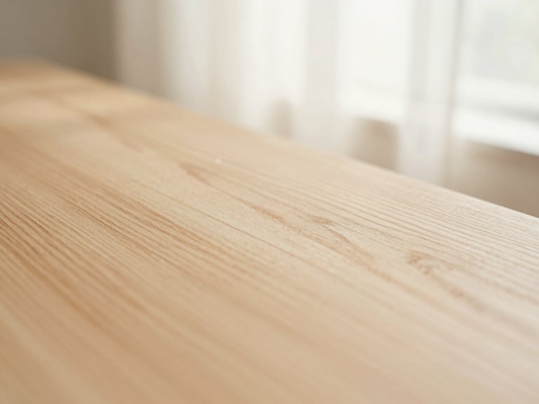 Macro detail shot of smooth solid maple wood grain, soft morning window light, warm cream background, shallow depth of field, 35mm