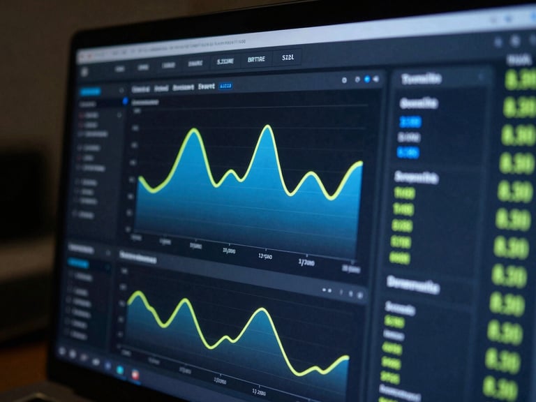 Macro close-up of a dark-mode analytics dashboard showing conversion rate charts and spend velocity metrics, sharp screen glare, electric-lime and sky-blue data lines, moody ambient office lighting.