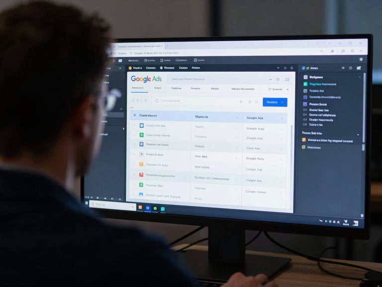 Over-the-shoulder view of a strategist analyzing a complex Google Ads campaign structure on a high-contrast screen, moody ambient lighting, 35mm