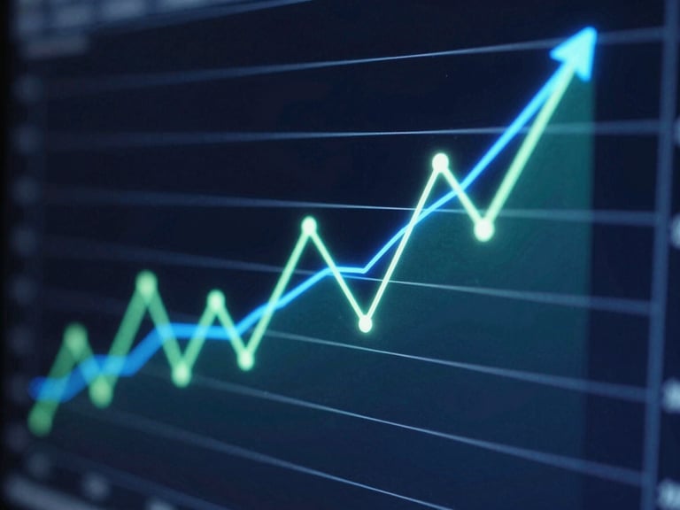 Macro shot of a performance chart displaying upward conversion trends with electric-blue and neon-green lines, screen-glare highlights, 35mm