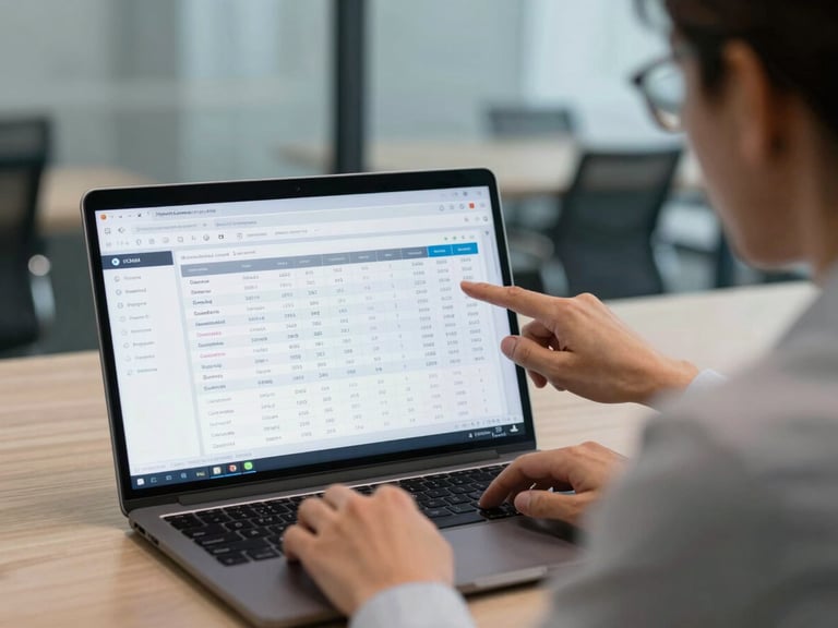 Over-the-shoulder shot of a professional sales executive analyzing a clean CRM pipeline dashboard on a laptop screen, cool corporate office lighting in CDMX, modern and professional atmosphere.