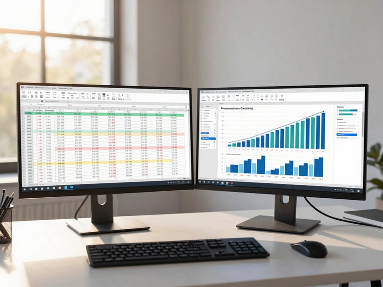 Wide panoramic shot of a finance analyst's dual-monitor workstation at golden-hour window light, left monitor showing a detailed Excel cash-flow forecast with color-coded variance rows, right monitor a live Power BI dashboard with waterfall charts, clean minimal desk, soft natural light from the left