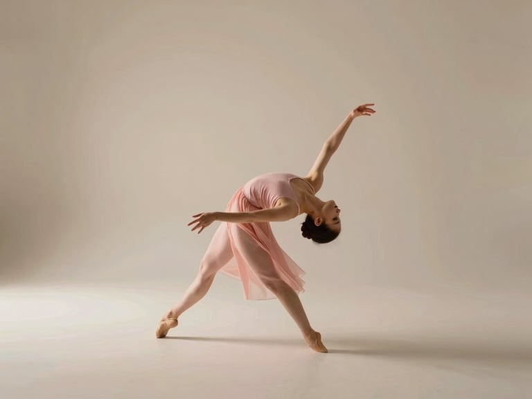 A contemporary dancer performing a graceful floor sequence, natural, diffused daylight, warm beige and powder pink tones, expansive studio space.