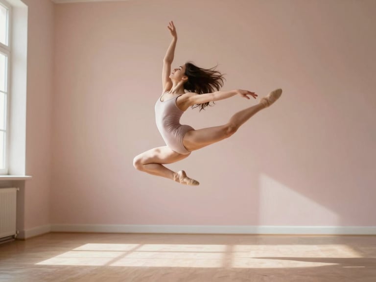 A dancer mid-jump, capturing fluid motion and dynamic energy, sun-drenched studio interior, warm beige and powder pink tones, shallow depth of field.
