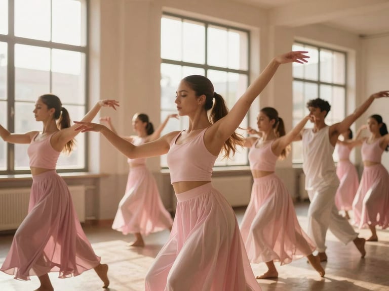 A group of dancers in a street jazz pose, energetic and sharp, golden hour highlights through large windows, warm beige and powder pink tones.