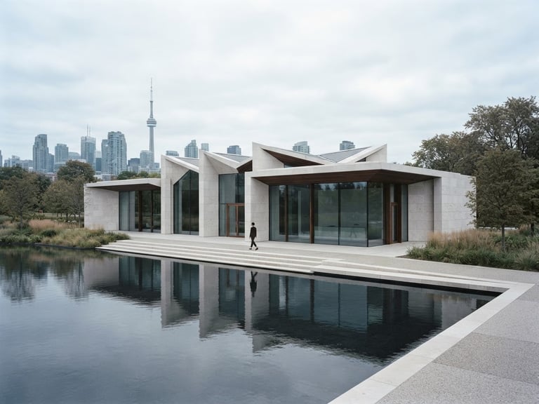 Wide-angle minimalist architectural photograph of a modern limestone pavilion in Toronto, soft natural daylight, desaturated cool tones, sharp focus, 35mm lens