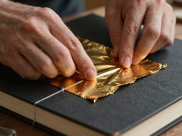 Extreme close-up of a bookbinder's hands pressing gold foil onto a dark cloth cover, the foil catching soft directional studio light, fine thread binding visible at the spine edge, no digital devices, no screens