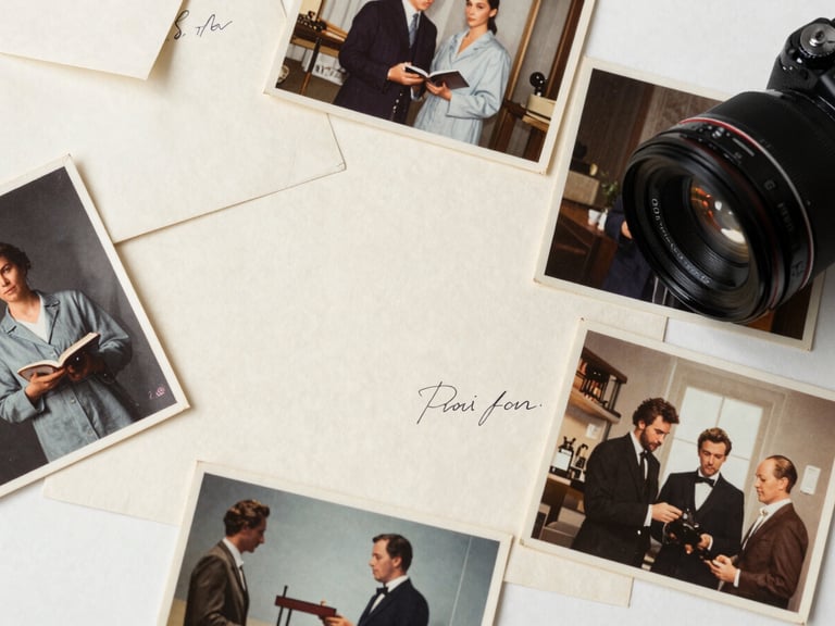 Close-up overhead flat-lay of archival photographs, handwritten letters, and a small collection of personal objects arranged on ivory stock paper, soft diffused studio light revealing paper texture, no digital screens, no flowers