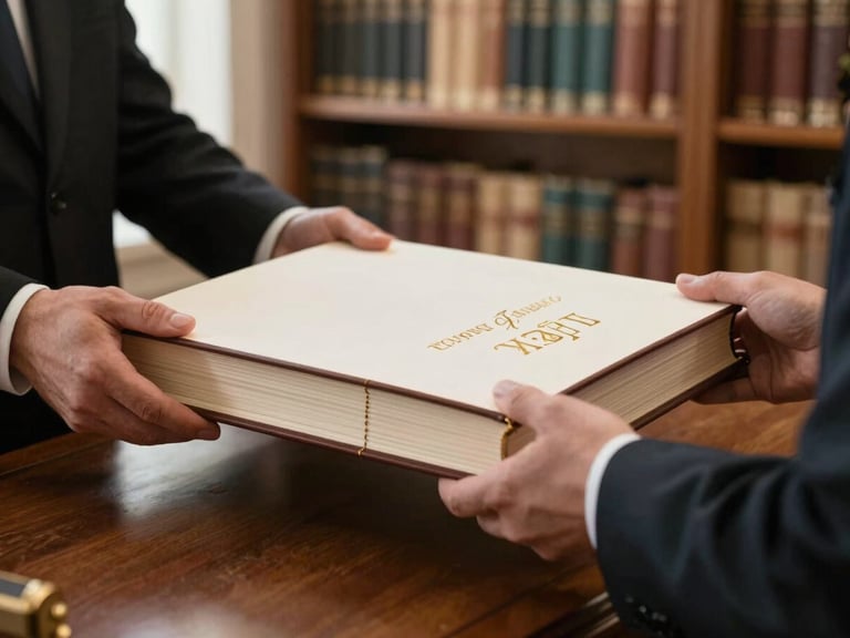 Hands of a funeral director receiving a closed memorial book from across a desk, the book's spine facing camera showing sewn binding and gold-foil title, warm diffused natural light, archival library shelf softly out of focus in background
