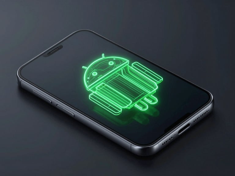 Isometric 3D mockup of a sleek Android smartphone, glowing electric green UI wireframes on a dark obsidian screen, low-key high-contrast studio lighting