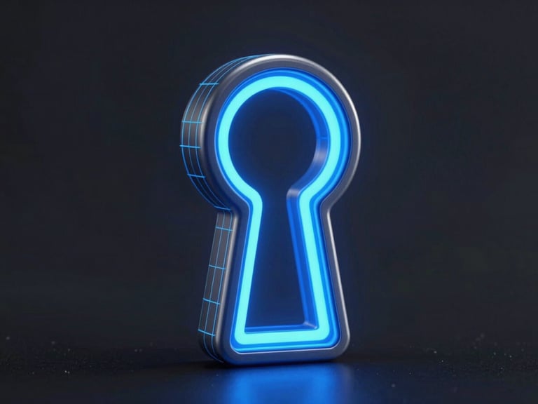 Macro close-up of a stylized 3D keyhole glowing with electric blue light, surrounded by clean vector wireframe lines on an obsidian background.