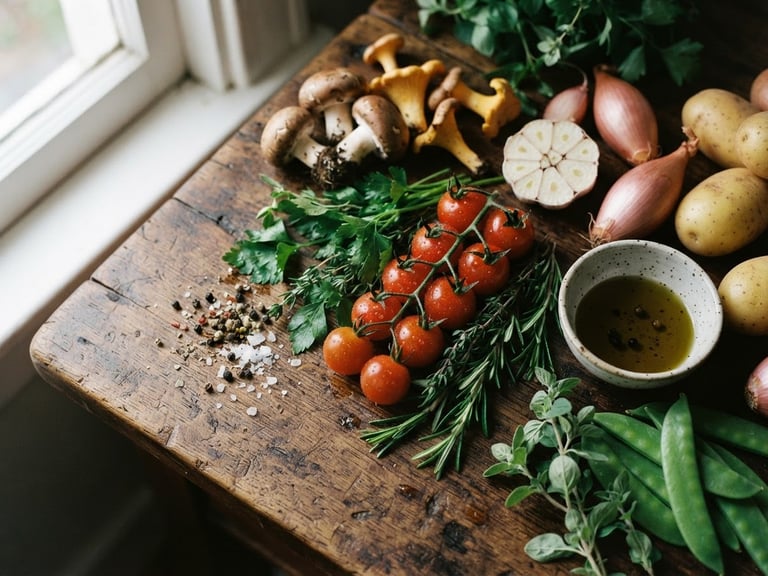 Overhead macro shot of fresh raw ingredients on a rustic kitchen counter, natural window light casting rich shadows, 35mm film.
