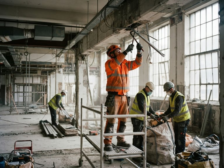 Industrial site interior during a clean soft strip demolition, workers in high-visibility PPE carefully dismantling fixtures, sharp focus, natural light