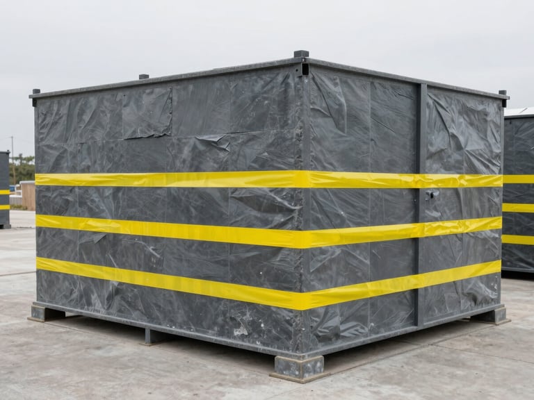 An orderly, secure asbestos waste containment unit on a clean concrete site, desaturated slate tones with high-visibility safety yellow hazard tape, overcast daylight, 35mm