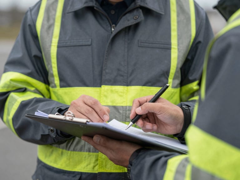 Close-up of a site supervisor in high-visibility PPE reviewing a safety checklist on a clipboard, natural overcast daylight, desaturated slate tones with yellow accents, 35mm