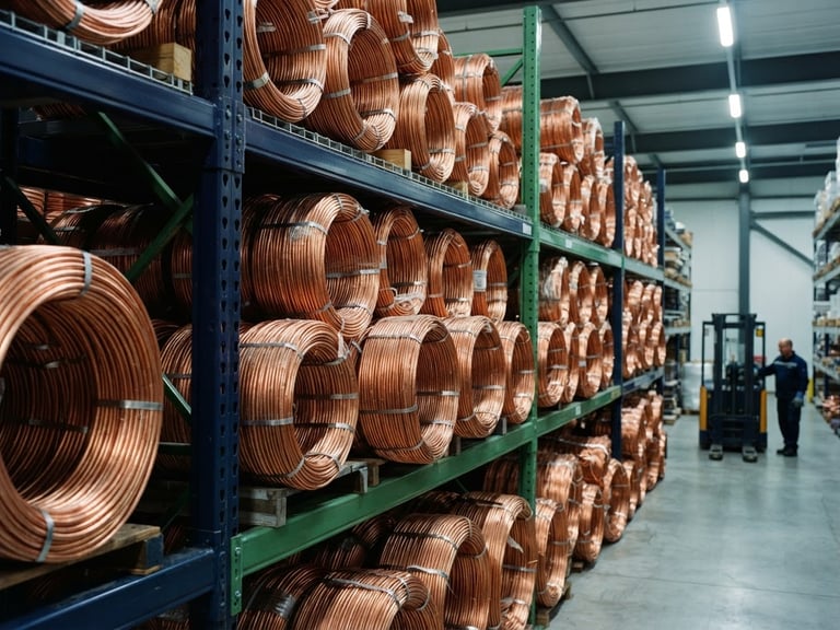 Industrial editorial photography of sorted pure copper scrap coils inside a clean, modern recycling warehouse, cool overhead lighting, sharp focus, 35mm