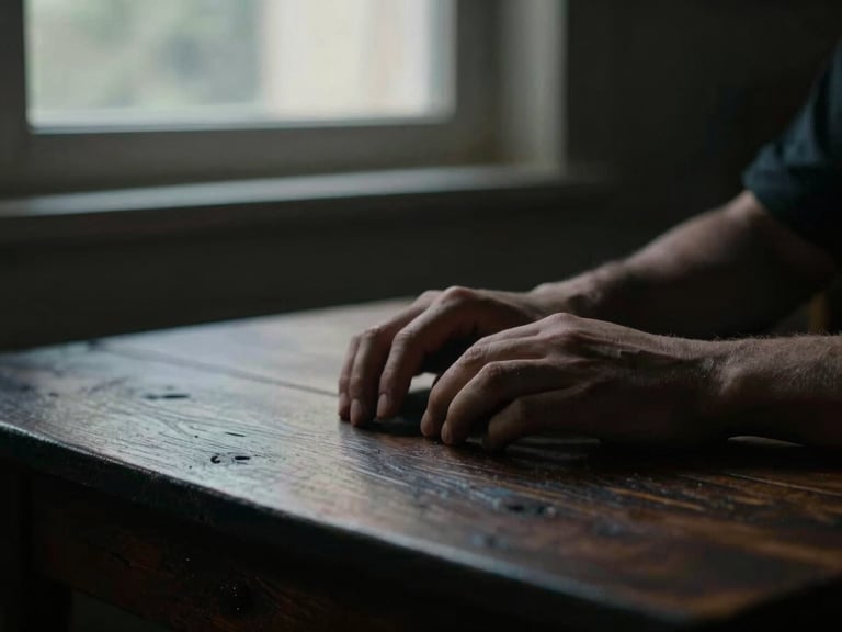 Extreme close-up of hands resting on a dark rustic wooden table, single soft window light, deep shadows, moody cinematic