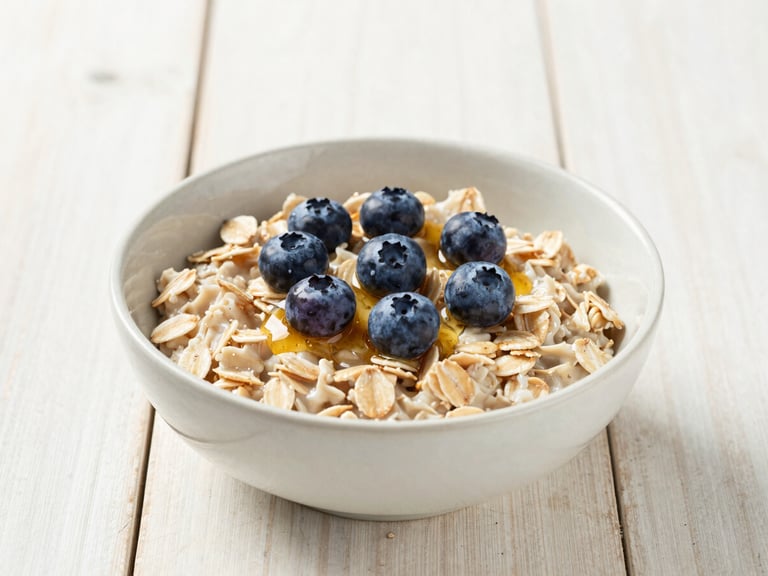 A simple ceramic bowl of warm steel-cut oatmeal topped with fresh blueberries and a drizzle of honey, rustic wooden table, bright morning light