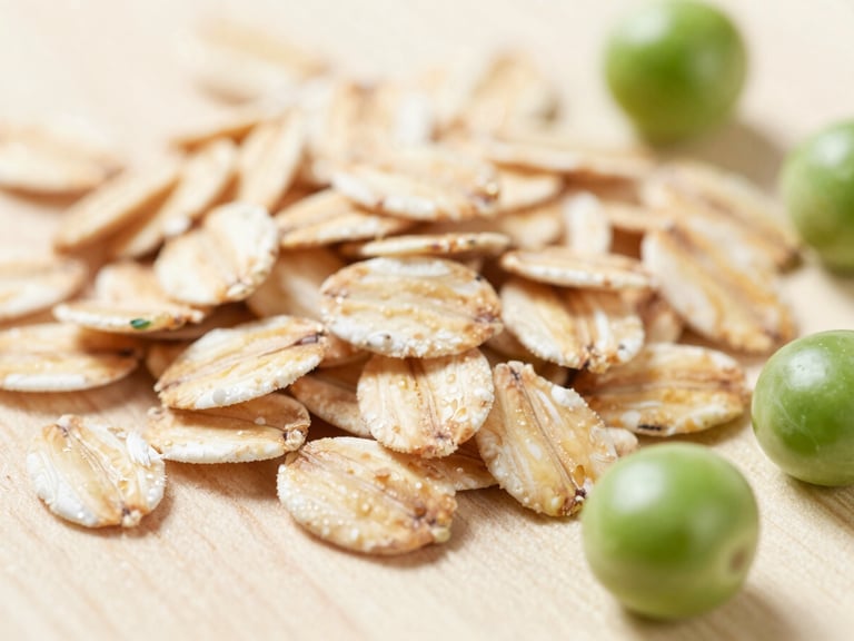 Macro close-up of raw organic oats and fresh green peas on a light wooden surface, soft natural daylight.