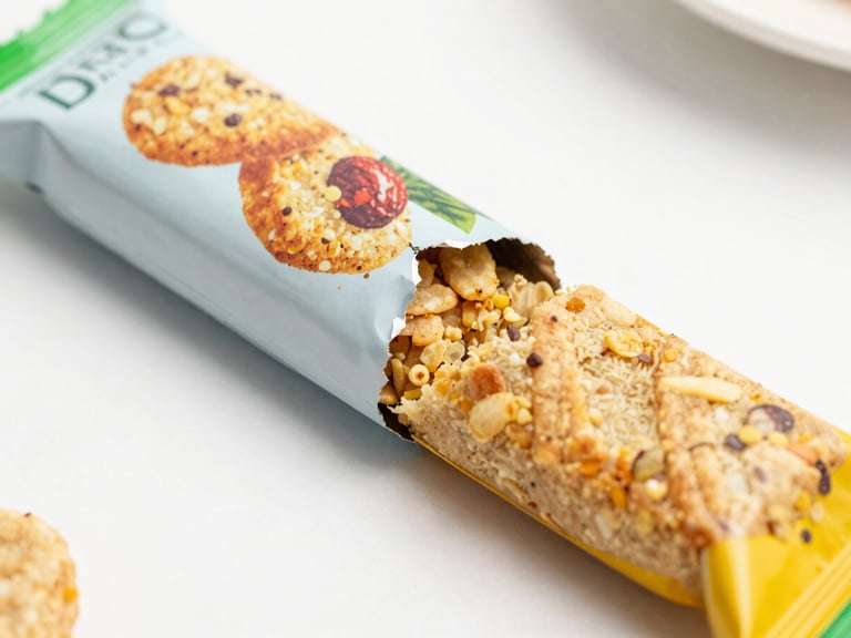 Close-up of a highly processed industrial snack bar package being torn open, showing artificial textures, bright daylight.