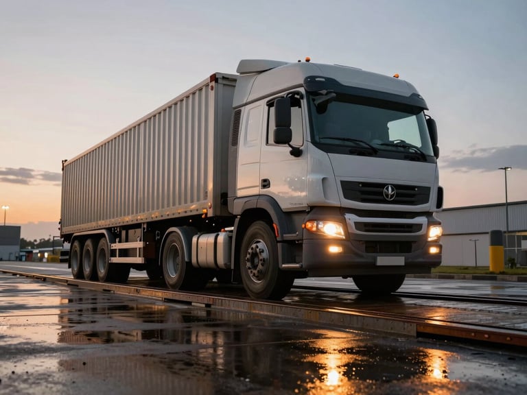 Low-angle wide shot of a heavy-duty multi-axle commercial truck positioned on a steel weighbridge scale at dusk, amber yard lights reflecting on the wet asphalt, high-contrast industrial atmosphere.