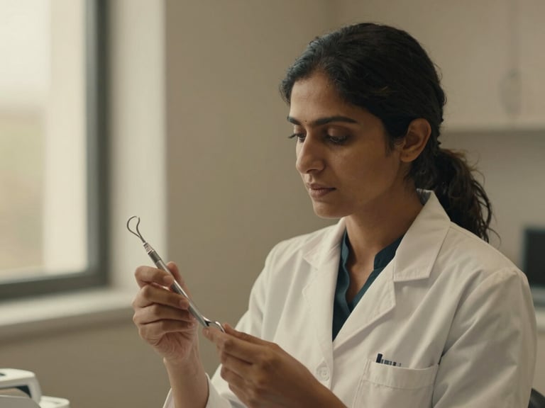 Warm, editorial portrait of Dr. Anya Sharma, a female dentist, in a softly lit, minimalist clinic interior. She is looking thoughtfully at a premium dental instrument in her hands, shallow depth of field, 35mm, deep charcoal and muted gold tones.